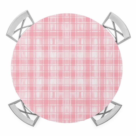 Elastic Fitted Round Tablecloth, Pink Plaid Waterproof Stretch Table Cover for 36"-44" Tables, Modern Art Checkered Farmhouse Washable Outdoor Tablecloths for Patio, Picnic, Camping