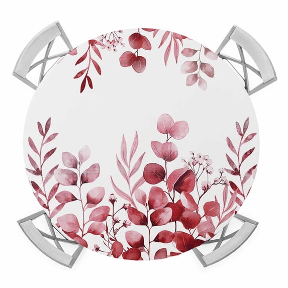 Elastic Fitted Round Tablecloth, Pink Red Eucalyptus Leaves Waterproof Stretch Table Cover for 45"-54" Tables, Watercolor Spring Summer Botanical Washable Outdoor Tablecloths for Patio, Picnic