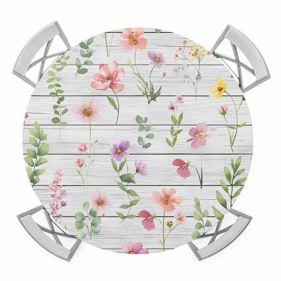 Elastic Fitted Round Tablecloth, Pink Spring Floral Waterproof Stretch Table Cover for 45"-54" Tables, Flowers Botanical Elegant Wooden Washable Outdoor Tablecloths for Patio, Picnic, Camping