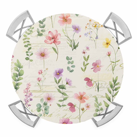 Elastic Fitted Round Tablecloth, Pink Spring Floral Waterproof Stretch Table Cover for 45"-54" Tables, Flowers Elegant Pastoral Botanical Washable Outdoor Tablecloths for Patio, Picnic, Camping