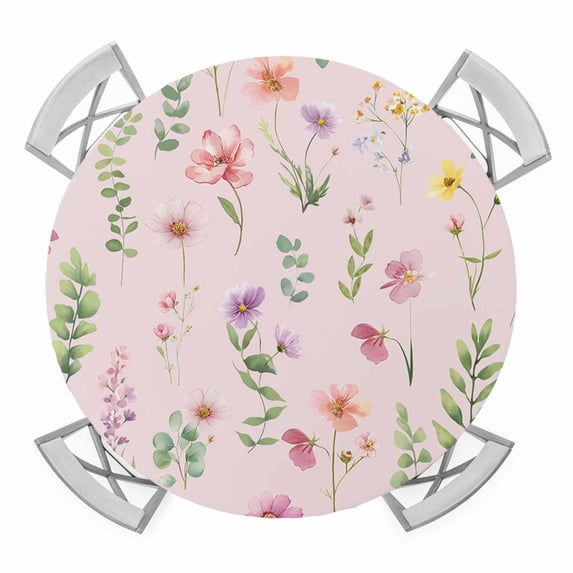 Elastic Fitted Round Tablecloth, Pink Spring Floral Waterproof Stretch Table Cover for 55"-60" Tables, Flowers Botanical Elegant Pastoral Washable Outdoor Tablecloths for Patio, Picnic, Camping