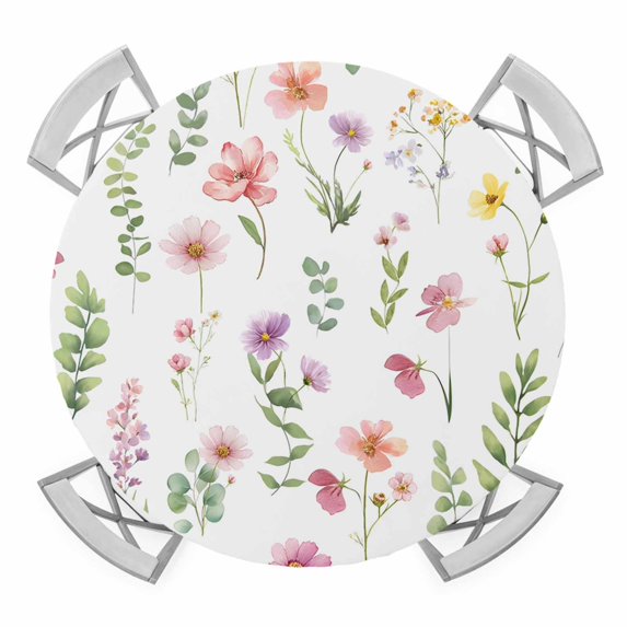 Elastic Fitted Round Tablecloth, Pink Spring Floral Waterproof Stretch Table Cover for 55"-60" Tables, Flowers Elegant Pastoral Leaves Washable Outdoor Tablecloths for Patio, Picnic, Camping