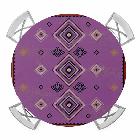 Elastic Fitted Round Tablecloth, Purple Boho Waterproof Stretch Table Cover for 45"-54" Tables, Country Abstract Geometric Ethnic Aesthetic Washable Outdoor Tablecloths for Patio, Picnic, Camping