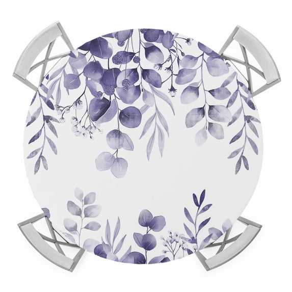 Elastic Fitted Round Tablecloth, Purple Eucalyptus Leaves Waterproof Stretch Table Cover for 45"-54" Tables, Spring Summer Botanical Washable Outdoor Tablecloths for Patio, Picnic, Camping