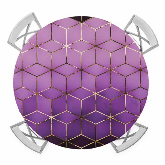 Elastic Fitted Round Tablecloth, Purple Geometric Waterproof Stretch Table Cover for 55"-60" Tables, Ombre Modern Abstract Art Washable Outdoor Tablecloths for Patio, Picnic, Camping