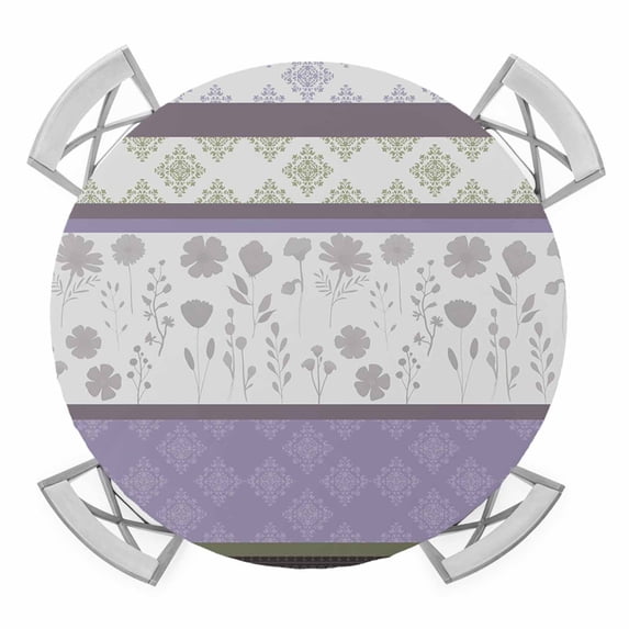 Elastic Fitted Round Tablecloth, Purple Geometric Waterproof Stretch Table Cover for 55"-60" Tables, Stripes Boho Spring Flowers Country Rural Washable Outdoor Tablecloths for Patio, Picnic, Camping