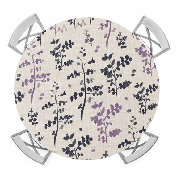 Elastic Fitted Round Tablecloth, Purple Grey Botanical Waterproof Stretch Table Cover for 36"-44" Tables, Rustic Country Spring Floral Summer Leaf Washable Outdoor Tablecloths for Patio, Picnic