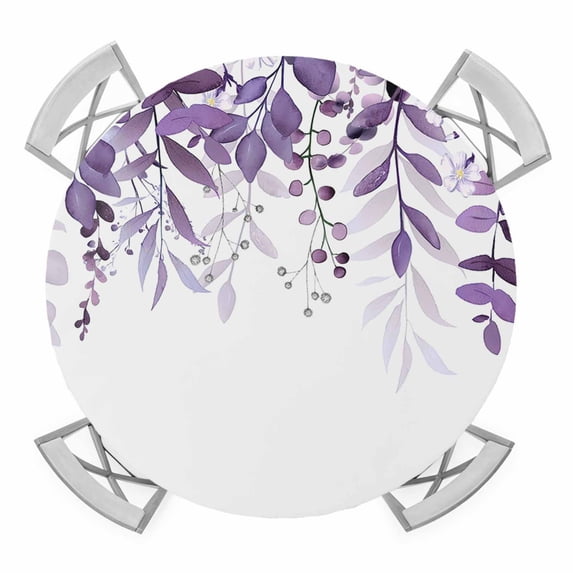Elastic Fitted Round Tablecloth, Purple Leaves Waterproof Stretch Table Cover for 55"-60" Tables, Summer Botanical Washable Outdoor Tablecloths for Patio, Picnic, Camping