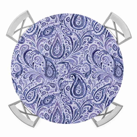 Elastic Fitted Round Tablecloth, Purple Navy Blue Waterproof Stretch Table Cover for 45"-54" Tables, Retro Botanical Abstract Art Washable Outdoor Tablecloths for Patio, Picnic, Camping