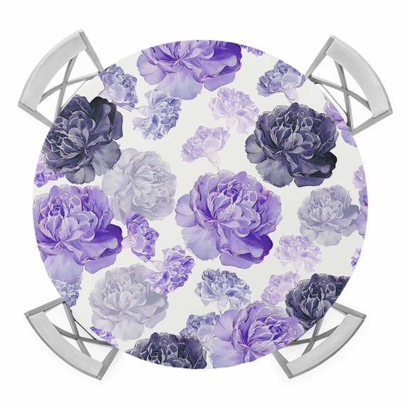 Elastic Fitted Round Tablecloth, Purple Ombre Spring Floral Waterproof Stretch Table Cover for 36"-44" Tables, Summer Botanical Flowers Washable Outdoor Tablecloths for Patio, Picnic, Camping