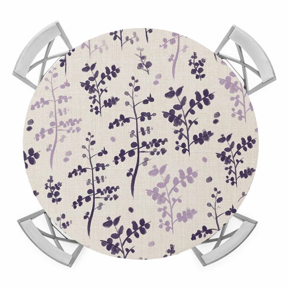 Elastic Fitted Round Tablecloth, Purple Pink Botanical Waterproof Stretch Table Cover for 45"-54" Tables, Rustic Country Spring Floral Summer Leaf Washable Outdoor Tablecloths for Patio, Picnic