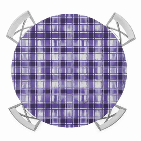 Elastic Fitted Round Tablecloth, Purple Plaid Waterproof Stretch Table Cover for 36"-44" Tables, Modern Art Checkered Farmhouse Washable Outdoor Tablecloths for Patio, Picnic, Camping