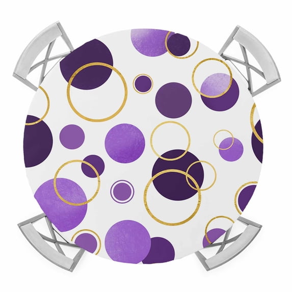 Elastic Fitted Round Tablecloth, Purple Polka Dots Waterproof Stretch Table Cover for 36"-44" Tables, Modern Abstract Art Washable Outdoor Tablecloths for Patio, Picnic, Camping