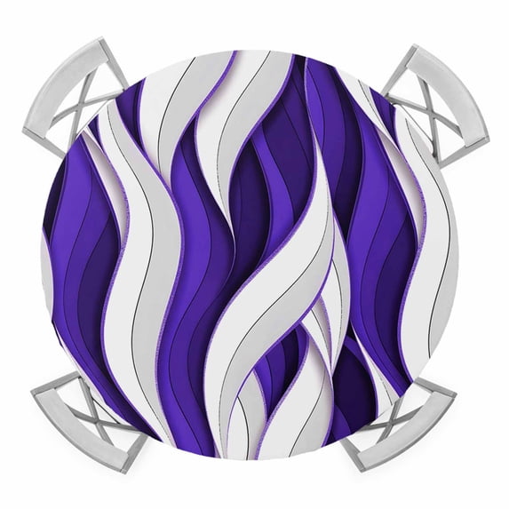 Elastic Fitted Round Tablecloth, Purple White Moire Waterproof Stretch Table Cover for 55"-60" Tables, Modern Abstract Art Elegant Washable Outdoor Tablecloths for Patio, Picnic, Camping