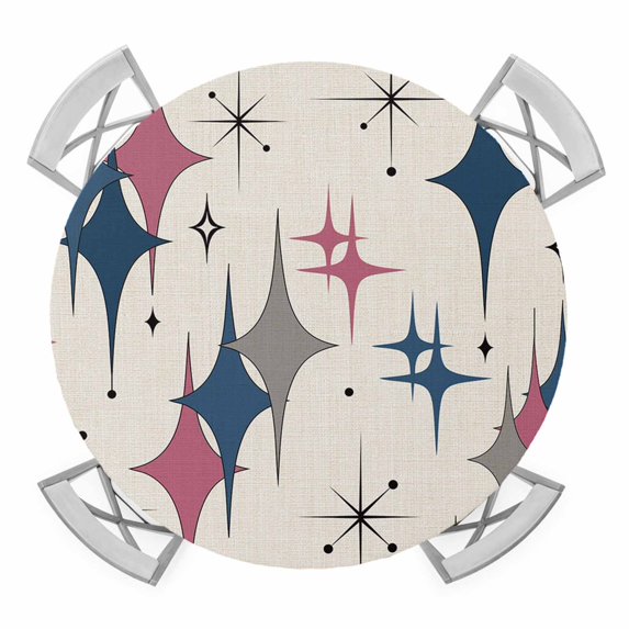 Elastic Fitted Round Tablecloth, Red Blue Diamond Waterproof Stretch Table Cover for 45"-54" Tables, Modern Geometric Middle Century Beige Washable Outdoor Tablecloths for Patio, Picnic, Camping