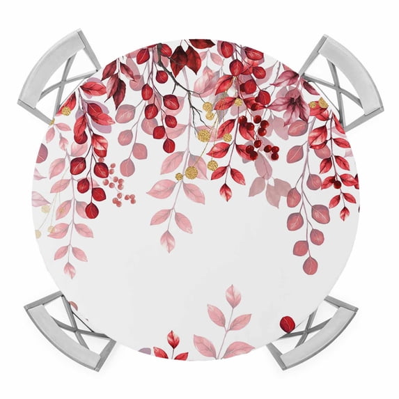 Elastic Fitted Round Tablecloth, Red Eucalyptus Leaves Waterproof Stretch Table Cover for 36"-44" Tables, Summer Botanical Weeping Washable Outdoor Tablecloths for Patio, Picnic, Camping