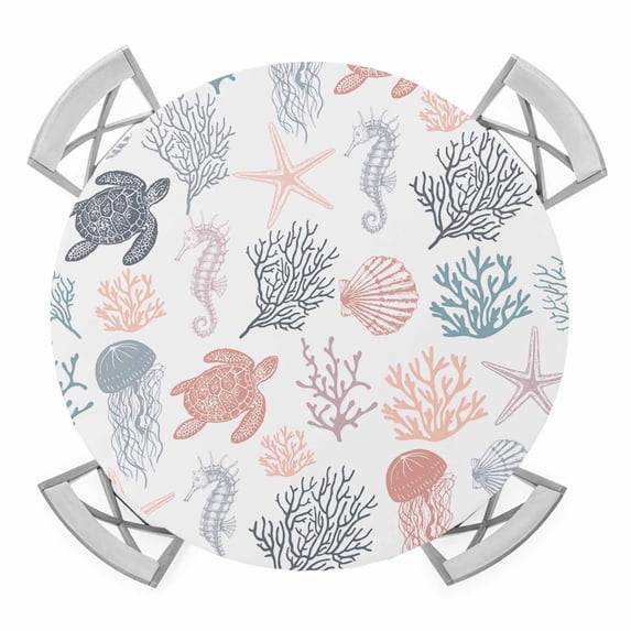 Elastic Fitted Round Tablecloth, Red Grey Coastal Waterproof Stretch Table Cover for 45"-54" Tables, Nautical Summer Beach Coral Sea Turtle Washable Outdoor Tablecloths for Patio, Picnic, Camping