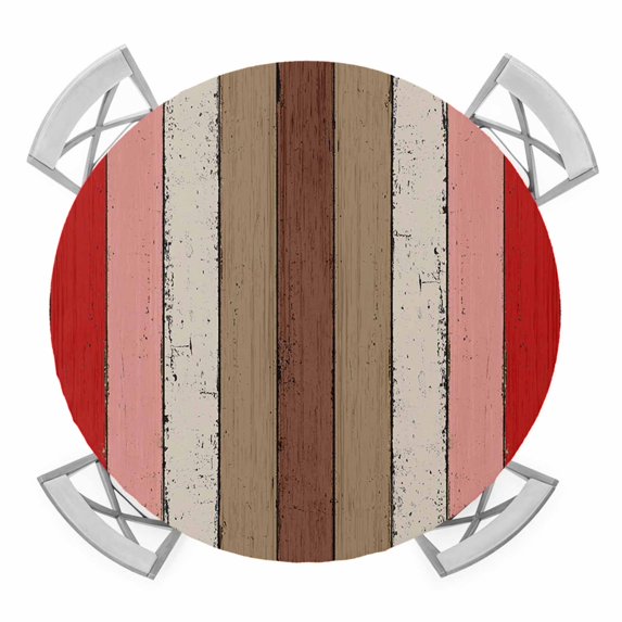 Elastic Fitted Round Tablecloth, Red Pink Waterproof Stretch Table Cover for 45"-54" Tables, Farmhouse Wood Grain Vintage Brown Striped Washable Outdoor Tablecloths for Patio, Picnic, Camping