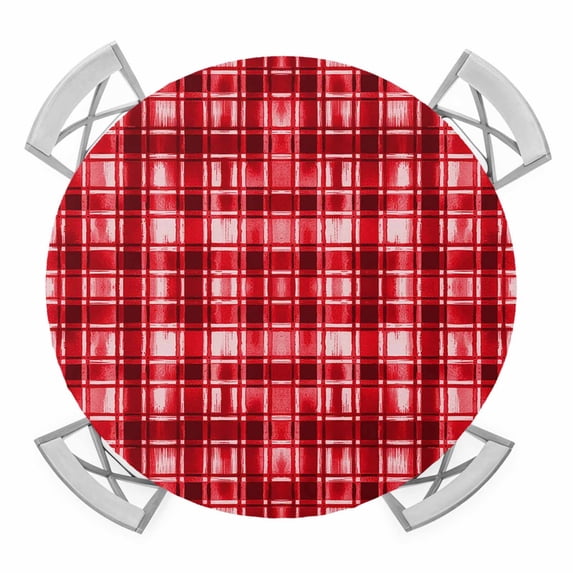 Elastic Fitted Round Tablecloth, Red Plaid Waterproof Stretch Table Cover for 36"-44" Tables, Modern Art Checkered Farmhouse Washable Outdoor Tablecloths for Patio, Picnic, Camping