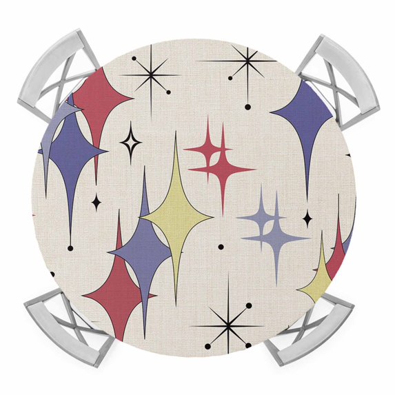 Elastic Fitted Round Tablecloth, Red Yellow Diamond Waterproof Stretch Table Cover for 55"-60" Tables, Modern Geometric Middle Century Beige Washable Outdoor Tablecloths for Patio, Picnic, Camping
