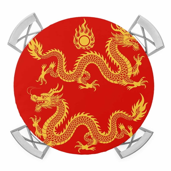 Elastic Fitted Round Tablecloth, Red Yellow Dragon Waterproof Stretch Table Cover for 36"-44" Tables, Happy New Year Washable Outdoor Tablecloths for Patio, Picnic, Camping