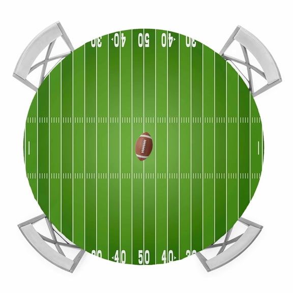 Elastic Fitted Round Tablecloth, Rugby Sport Waterproof Stretch Table Cover for 36"-44" Tables, American Football Field Stadium Washable Outdoor Tablecloths for Patio, Picnic, Camping