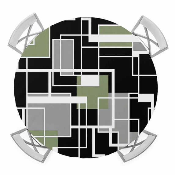 Elastic Fitted Round Tablecloth, Sage Green Black Geometric Waterproof Stretch Table Cover for 55"-60" Tables, Modern Abstract Art Block Washable Outdoor Tablecloths for Patio, Picnic, Camping