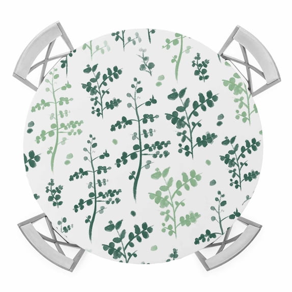 Elastic Fitted Round Tablecloth, Sage Green Botanical Waterproof Stretch Table Cover for 36"-44" Tables, Watercolor Spring Floral Summer Leaf Washable Outdoor Tablecloths for Patio, Picnic, Camping