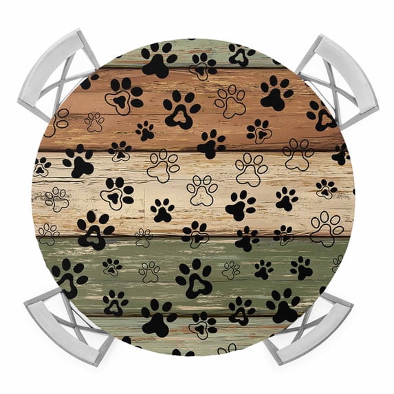 Elastic Fitted Round Tablecloth, Sage Green Brown Waterproof Stretch Table Cover for 45"-54" Tables, Farmhouse Dog Paw Vintage Washable Outdoor Tablecloths for Patio, Picnic, Camping