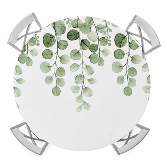 Elastic Fitted Round Tablecloth, Sage Green Eucalyptus Leaves Waterproof Stretch Table Cover for 45"-54" Tables, Spring Country Botanical Washable Outdoor Tablecloths for Patio, Picnic, Camping