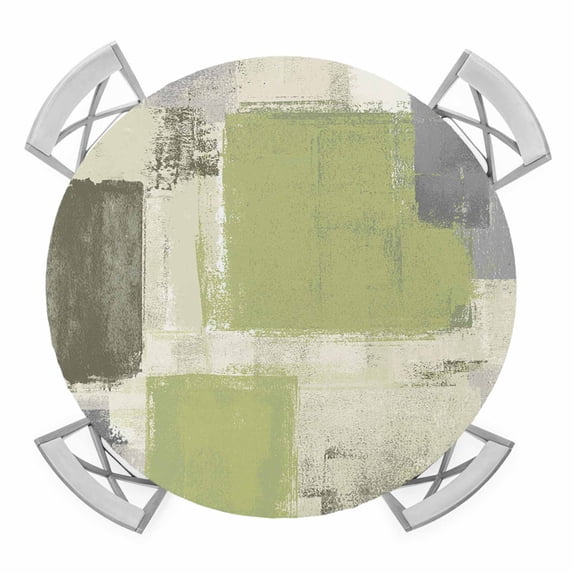 Elastic Fitted Round Tablecloth, Sage Green Ombre Waterproof Stretch Table Cover for 45"-54" Tables, Retro Abstract Mottled Geometric Washable Outdoor Tablecloths for Patio, Picnic, Camping