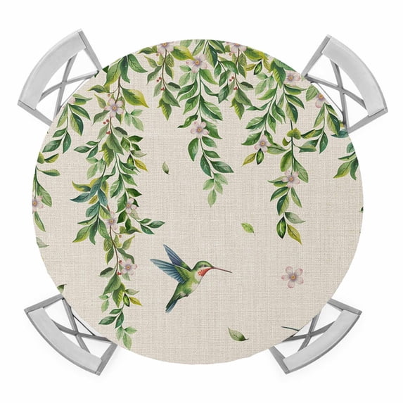 Elastic Fitted Round Tablecloth, Spring Botanical Waterproof Stretch Table Cover for 55"-60" Tables, Watercolor Leaves Flowers Birds Beige Washable Outdoor Tablecloths for Patio, Picnic, Camping