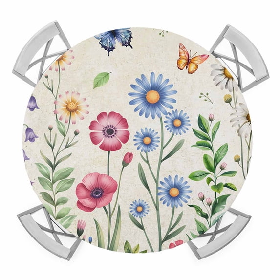 Elastic Fitted Round Tablecloth, Spring Floral Waterproof Stretch Table Cover for 36"-44" Tables, Pink Blue Flowers Butterfly Farmhouse Washable Outdoor Tablecloths for Patio, Picnic, Camping
