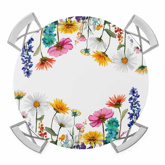Elastic Fitted Round Tablecloth, Spring Floral Waterproof Stretch Table ...