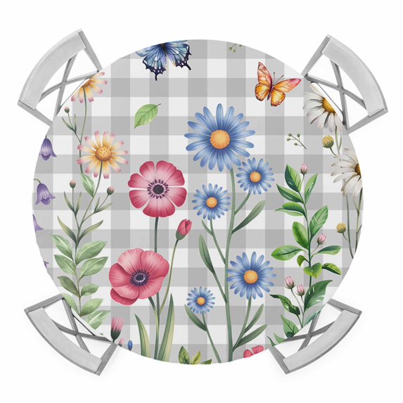 Elastic Fitted Round Tablecloth, Spring Floral Waterproof Stretch Table Cover for 55"-60" Tables, Grey Plaid Pink Blue Flowers Butterfly Washable Outdoor Tablecloths for Patio, Picnic, Camping