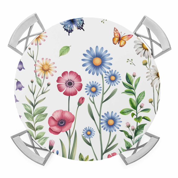 Elastic Fitted Round Tablecloth, Spring Floral Waterproof Stretch Table Cover for 55"-60" Tables, Pink Blue Flowers Botanical Butterflies Washable Outdoor Tablecloths for Patio, Picnic, Camping