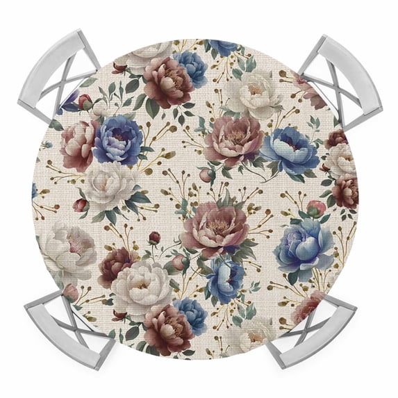 Elastic Fitted Round Tablecloth, Spring Flowers Waterproof Stretch Table Cover for 36"-44" Tables, Farmhouse Botanical Seasonal Floral Herbs Washable Outdoor Tablecloths for Patio, Picnic, Camping