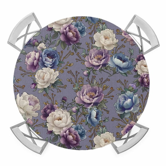 Elastic Fitted Round Tablecloth, Spring Flowers Waterproof Stretch Table Cover for 45"-54" Tables, Farmhouse Retro Botanical Purple Blue Floral Washable Outdoor Tablecloths for Patio, Picnic, Camping