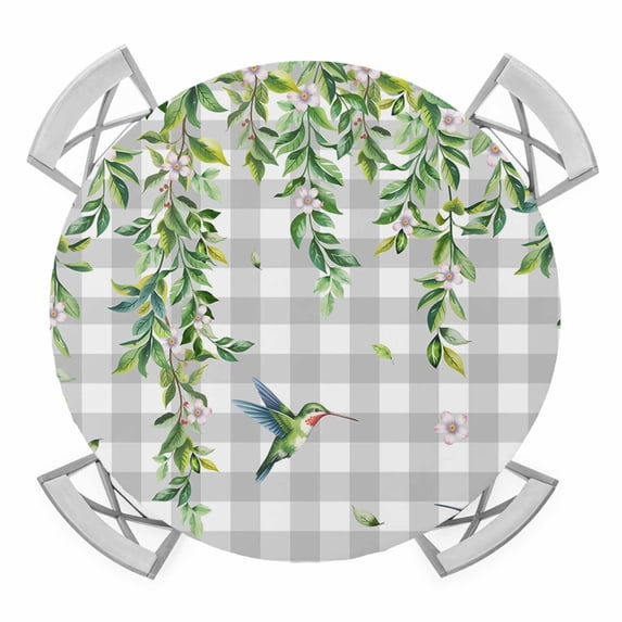 Elastic Fitted Round Tablecloth, Spring Plants Waterproof Stretch Table Cover for 36"-44" Tables, Watercolor Leaves Birds Flowers Gray Plaid Washable Outdoor Tablecloths for Patio, Picnic, Camping