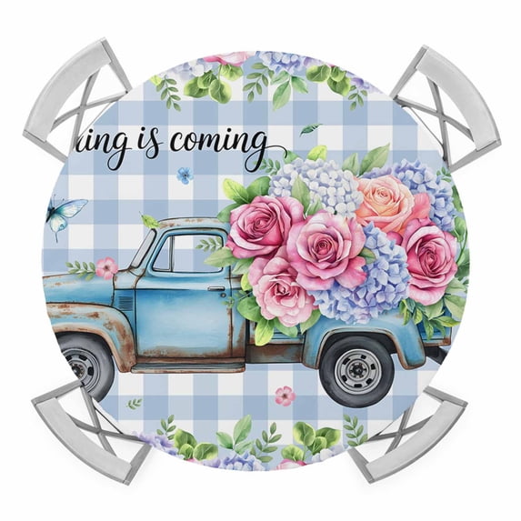 Elastic Fitted Round Tablecloth, Spring Waterproof Stretch Table Cover for 36"-44" Tables, Truck Botanical Rose Leaves Blue White Plaid Washable Outdoor Tablecloths for Patio, Picnic, Camping