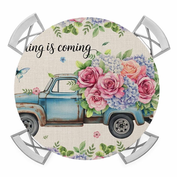 Elastic Fitted Round Tablecloth, Spring Waterproof Stretch Table Cover for 55"-60" Tables, Farmhouse Retro Truck Botanical Rose Butterfly Washable Outdoor Tablecloths for Patio, Picnic, Camping