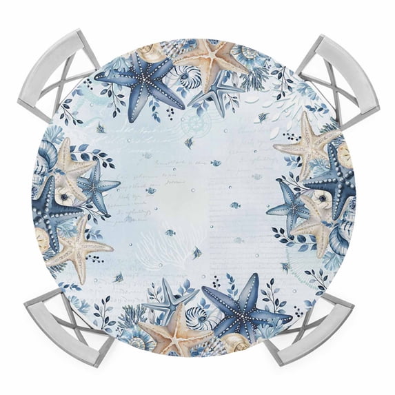 Elastic Fitted Round Tablecloth, Starfish Coastal Waterproof Stretch Table Cover for 45"-54" Tables, Blue Eucalyptus Leaves Ocean Conch Shells Washable Outdoor Tablecloths for Patio, Picnic, Camping