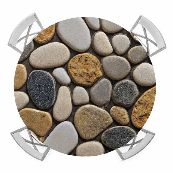 Elastic Fitted Round Tablecloth, Stones Waterproof Stretch Table Cover for 36"-44" Tables, Gravel Rock Cobblestone Natural Pattern Art Washable Outdoor Tablecloths for Patio, Picnic, Camping