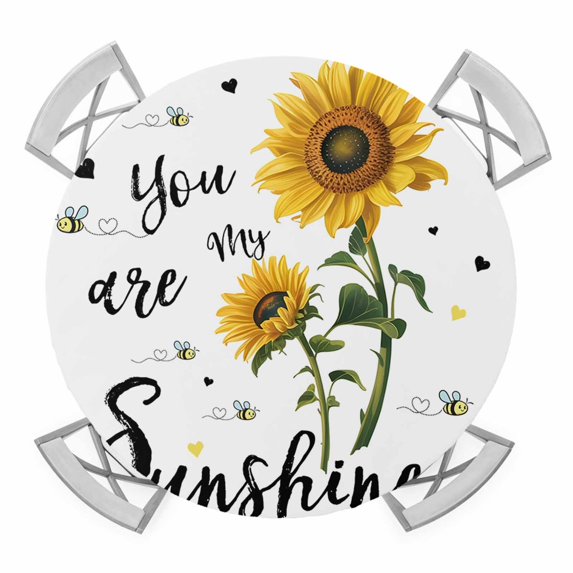 Elastic Fitted Round Tablecloth, Sunflower Sunshine Waterproof Stretch Table Cover for 36"-44" Tables, Pastoral Bees Farmhouse Floral Washable Outdoor Tablecloths for Patio, Picnic, Camping