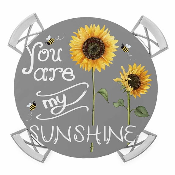 Elastic Fitted Round Tablecloth, Sunflowers Waterproof Stretch Table Cover for 36"-44" Tables, Modern Bee You Are My Sunshine Grey Washable Outdoor Tablecloths for Patio, Picnic, Camping