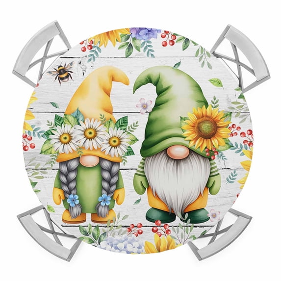 Elastic Fitted Round Tablecloth, Sunflowers Waterproof Stretch Table Cover for 36"-44" Tables, Spring Flowers Gnomes Hydrangea Daisy Wood Washable Outdoor Tablecloths for Patio, Picnic, Camping