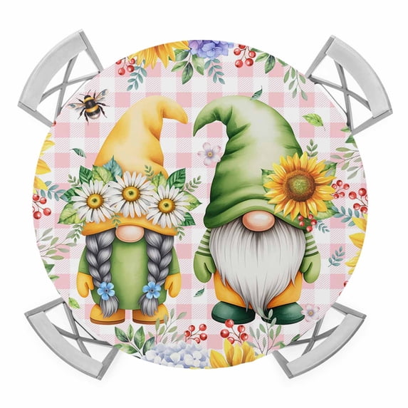 Elastic Fitted Round Tablecloth, Sunflowers Waterproof Stretch Table Cover for 36"-44" Tables, Spring Gnomes Hydrangea Daisy Flowers Pink Plaid Washable Outdoor Tablecloths for Patio, Picnic, Camping