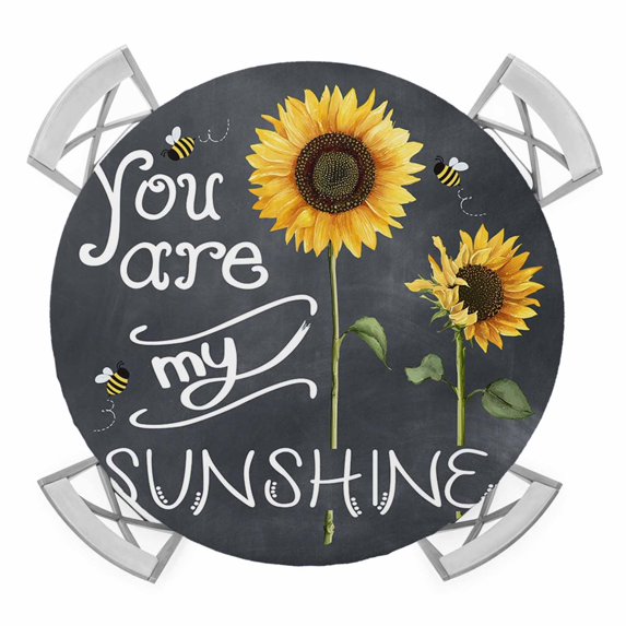 Elastic Fitted Round Tablecloth, Sunflowers Waterproof Stretch Table Cover for 45"-54" Tables, Classic Bee You Are My Sunshine Black Washable Outdoor Tablecloths for Patio, Picnic, Camping