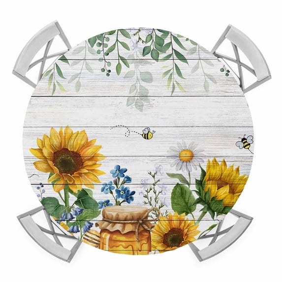Elastic Fitted Round Tablecloth, Sunflowers Waterproof Stretch Table Cover for 55"-60" Tables, Floral Green Leaves Bees Watercolor Wooden Washable Outdoor Tablecloths for Patio, Picnic, Camping