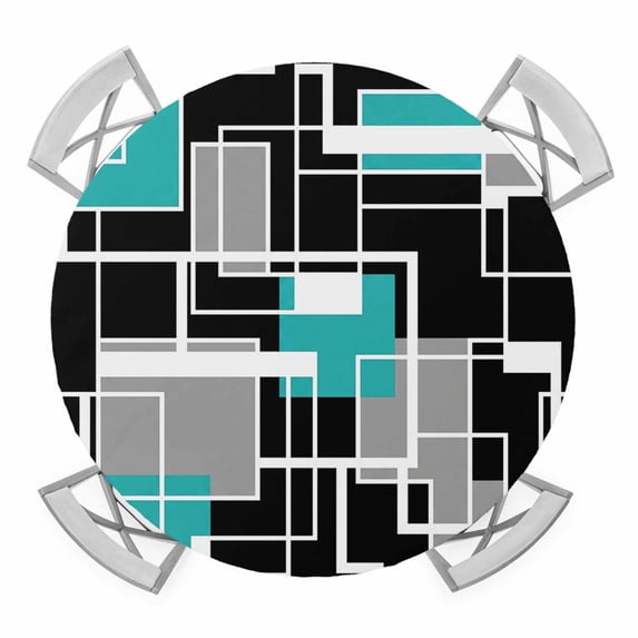 Elastic Fitted Round Tablecloth, Teal Blue Black Geometric Waterproof Stretch Table Cover for 36"-44" Tables, Modern Abstract Art Block Washable Outdoor Tablecloths for Patio, Picnic, Camping